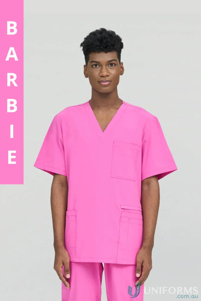 Pink scrub suit from City Collection Charlie at aged care facility with modest v-neckline