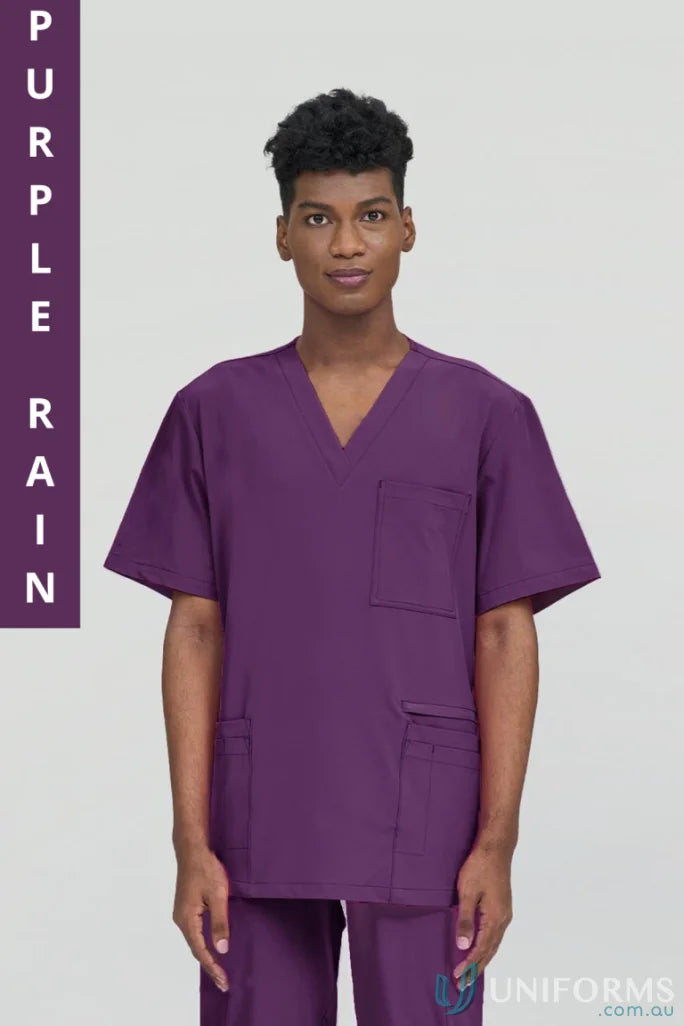 Purple medical scrub suit from City Collection Charlie for aged care with modest v-neckline