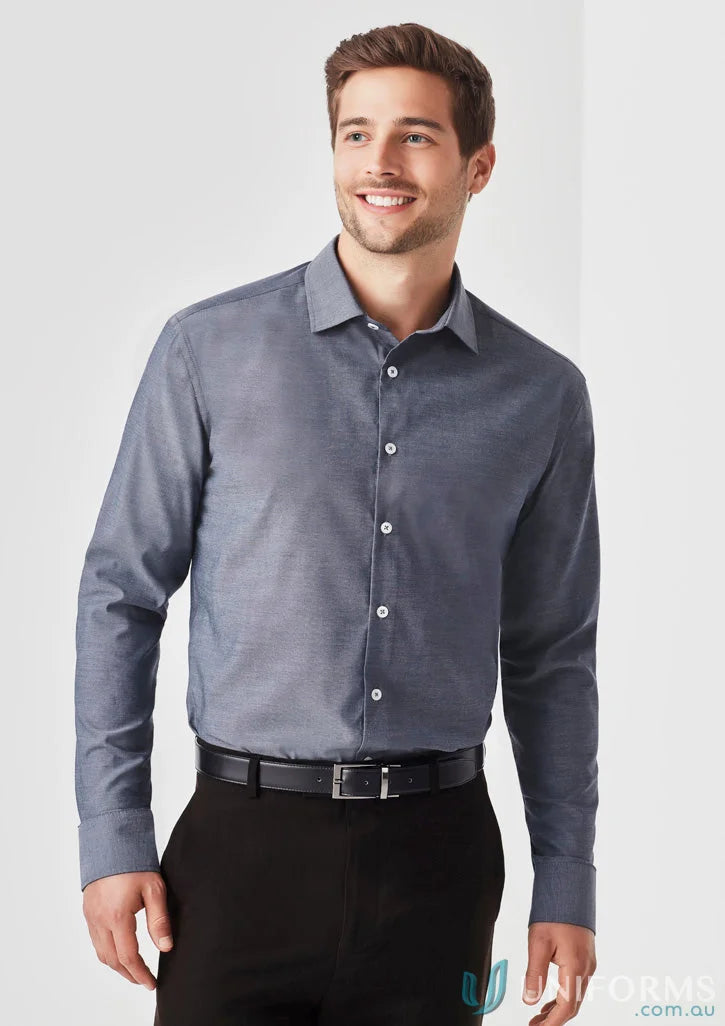 Charlie Slim Fit LS Shirt with mechanical stretch and white buttons on a man in gray