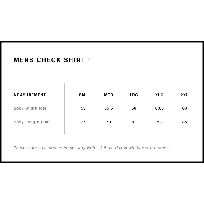 Men’s check flannel shirt size chart showing body width and length for workwear uniforms from sml to 2xl sizes