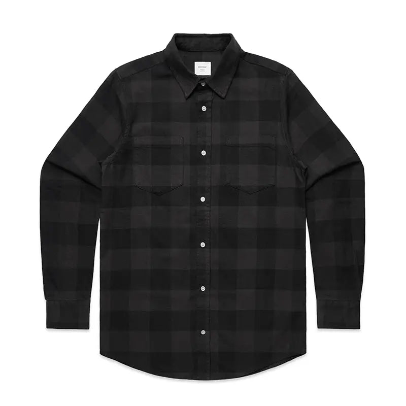 Black and charcoal plaid long-sleeve flannel shirt with chest pockets perfect for workwear and uniforms