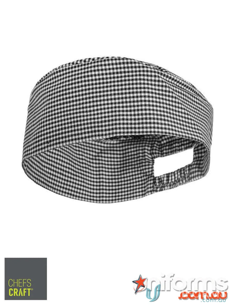 Black and white gingham chefs check cap with ponytail opening and elastic back