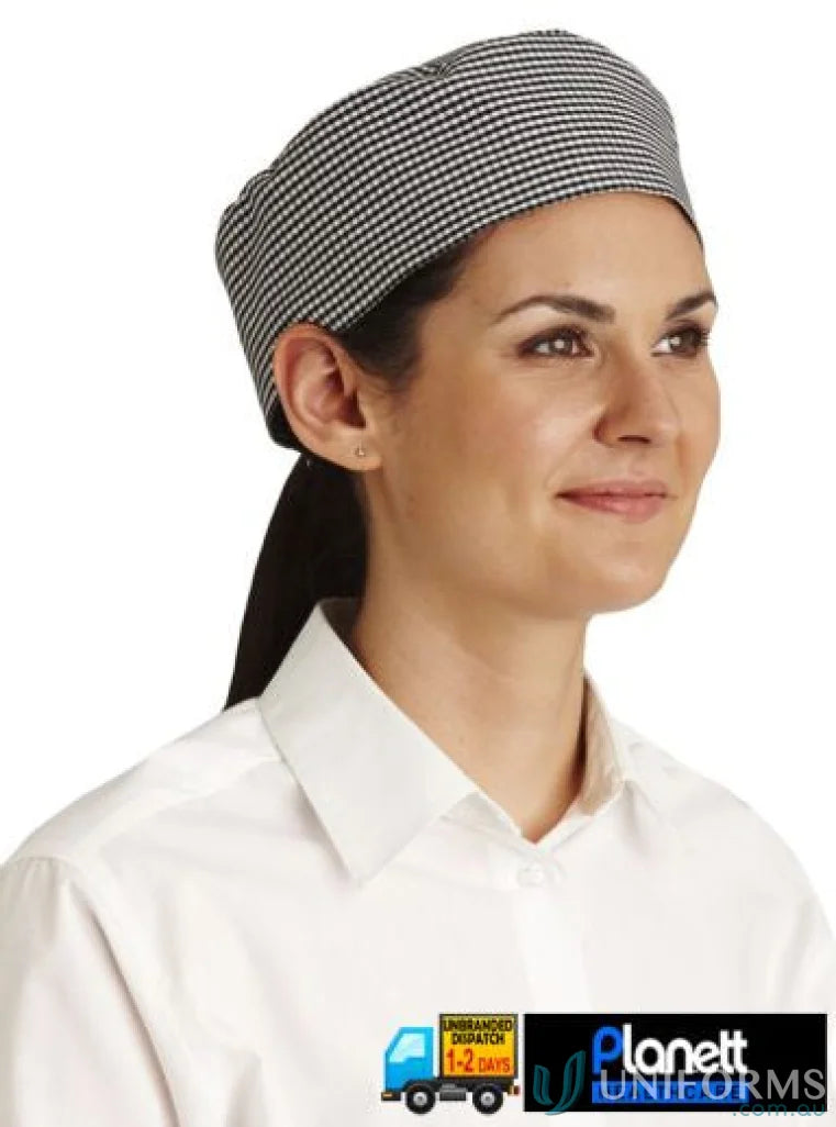 Chef cap with ponytail opening featuring a woman in a black and white check cap