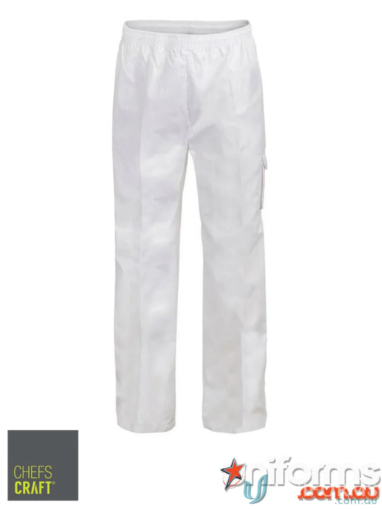 White chef pants from the Chef Drawstring Cargo workwear uniform line