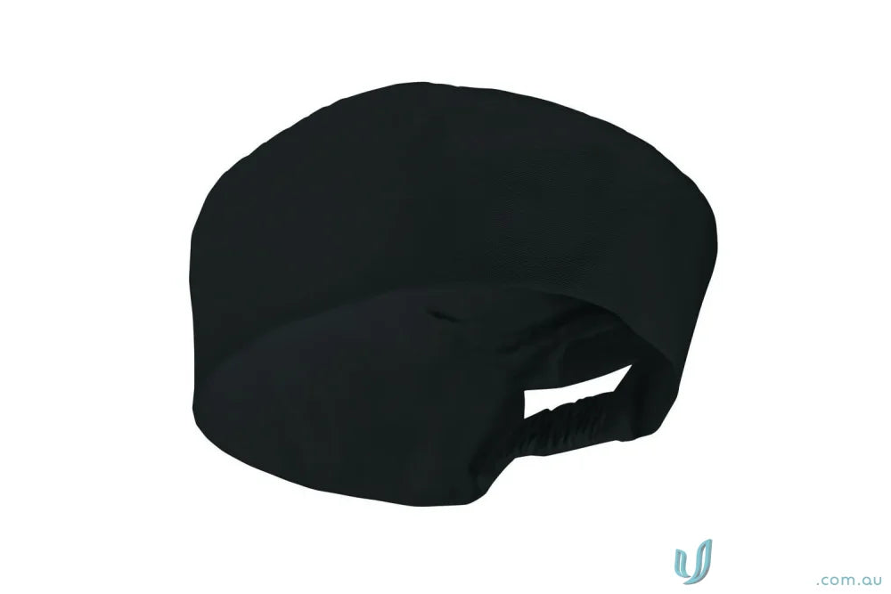 Black surgical cap from classic chefs cap collection with rear opening for hospitality uniforms