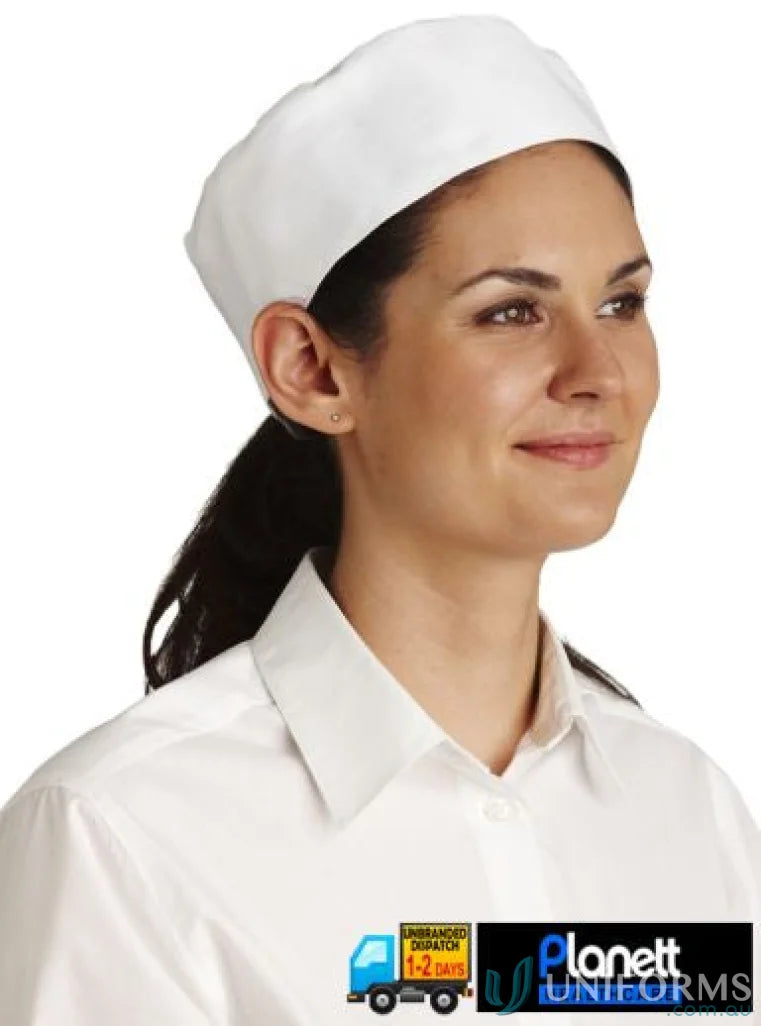 White nurse’s cap as part of classic chefs cap with rear opening for hospitality uniforms