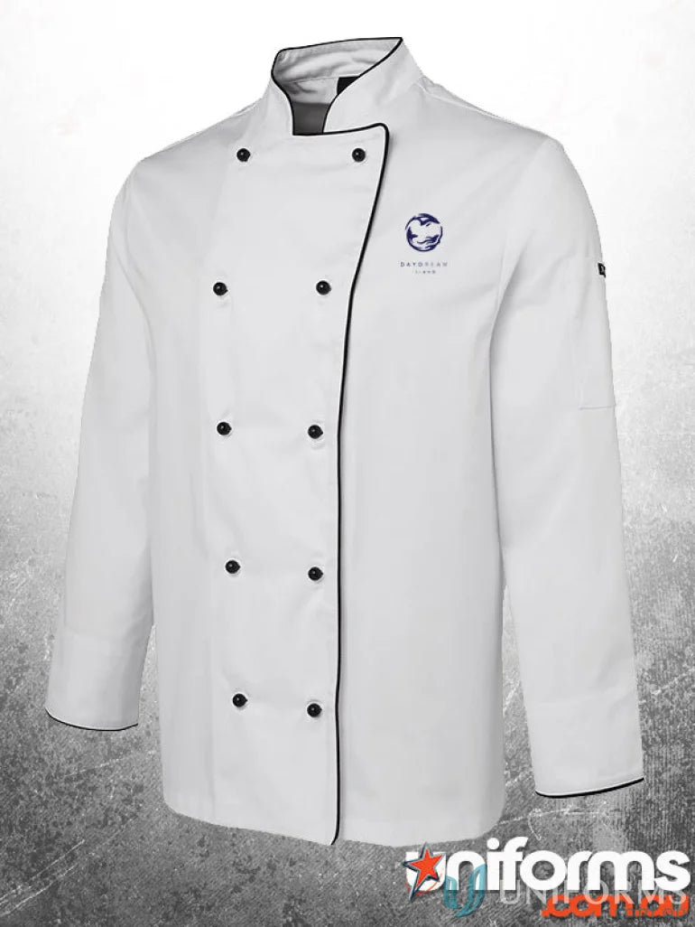 White chef’s jacket with contrast piping from CHEFS EMBN workwear collection