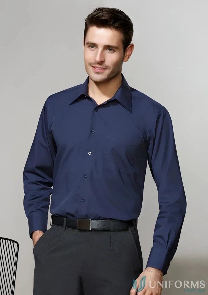 Man in navy Chelsea LS Shirt, a stylish metro long sleeve shirt for guys