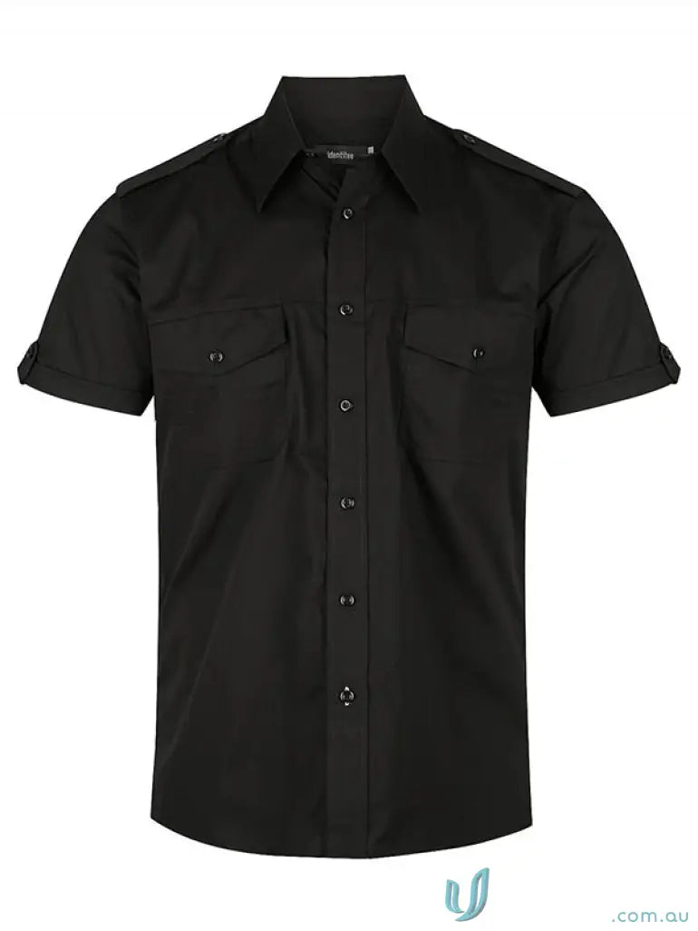 Black short-sleeved button-down shirt from Chelsea S/S Shirt, perfect for work uniforms