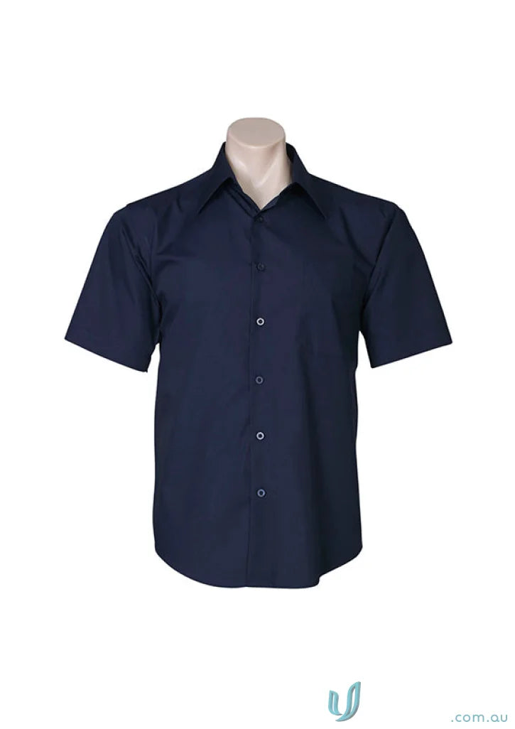 Navy Chelsea SS Shirt in poplin blend, metro short sleeve, tapered fit shirt for men