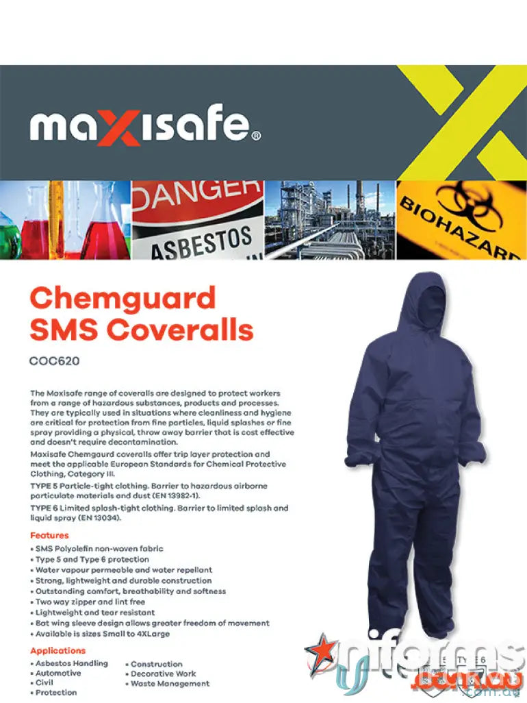 Blue protective coverall from Chemguard Blue SMS Type 5/6 coveralls for safety and protection
