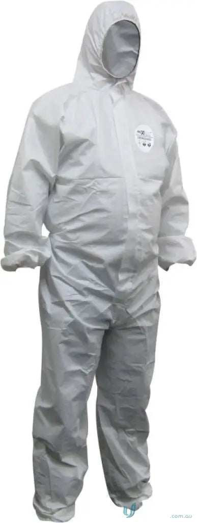 White hooded protective coveralls from Chemguard, durable barrier clothing for work