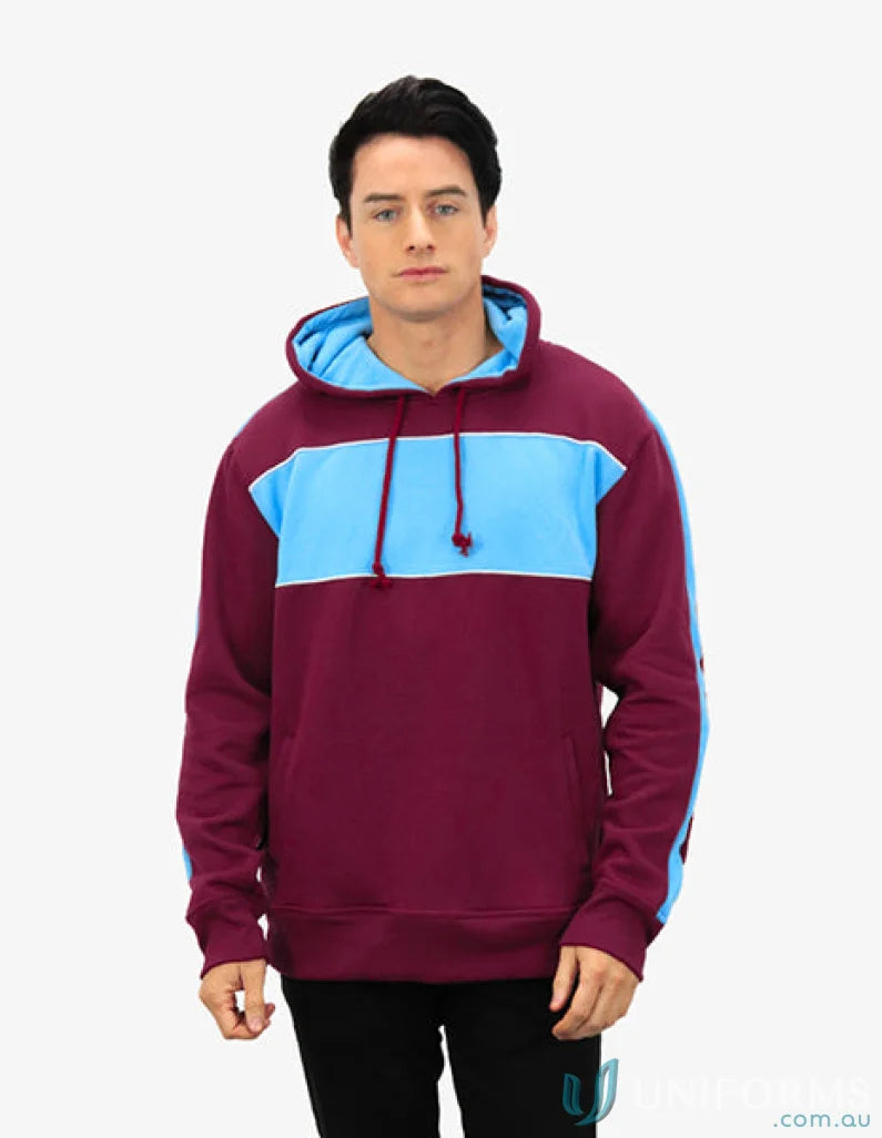 Maroon and blue Chesty Hoodie with chest panel and anti-pill fleece, perfect for uniforms