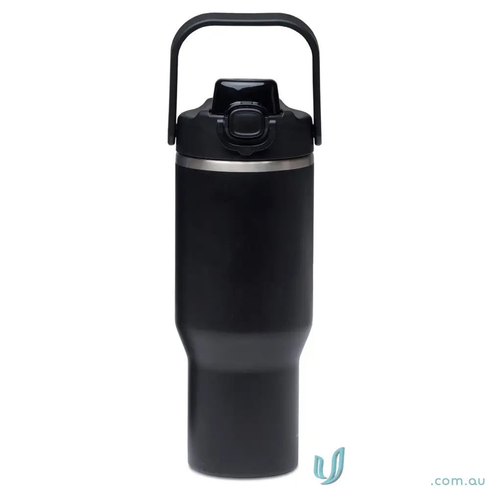 Black stainless steel ChillGuard 1L bottle with double‑wall vacuum and flip-top lid