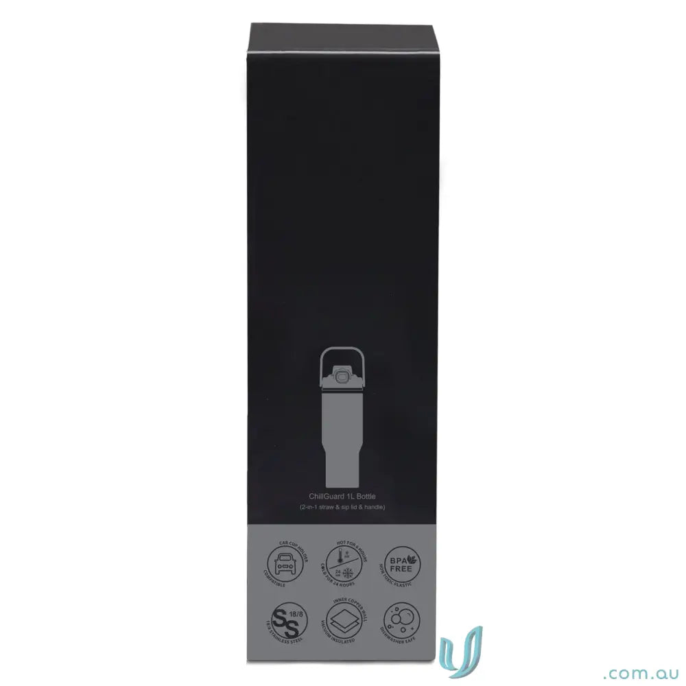 Black cardboard box for ChillGuard 1L stainless steel bottle with double‑wall vacuum design