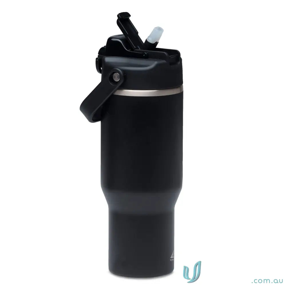 Stainless steel ChillGuard 1L insulated bottle with double-wall vacuum, matte black, straw lid