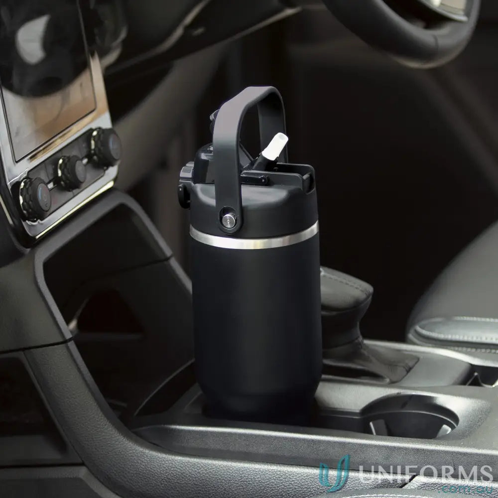 Black stainless steel ChillGuard 1L insulated bottle with double-wall vacuum and handle