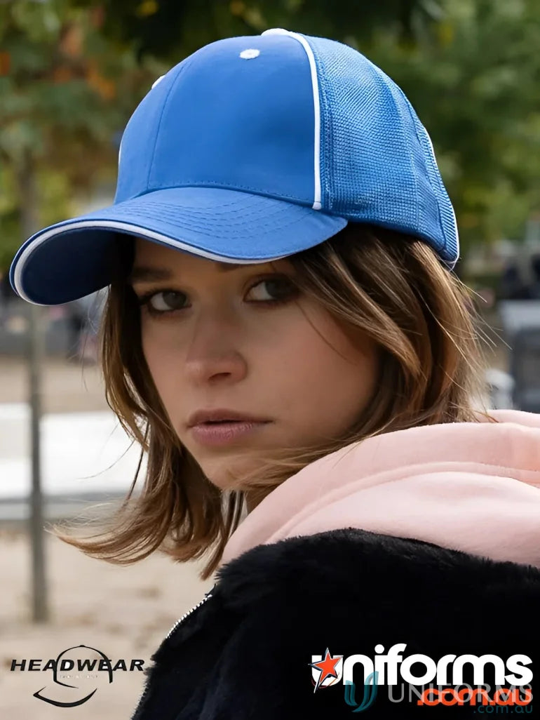 Blue and white baseball cap from Chino Twill with High Tech Mesh, perfect for work uniforms