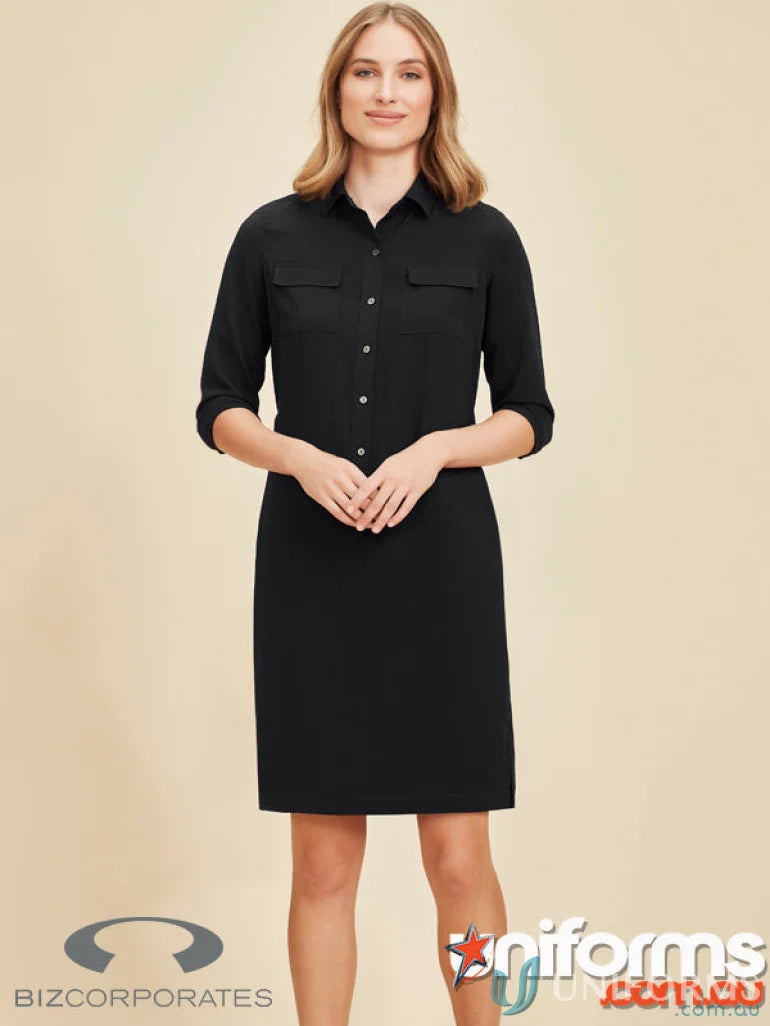 Black collared Chloe Georgette Shirt Dress with wicking technology for comfy style