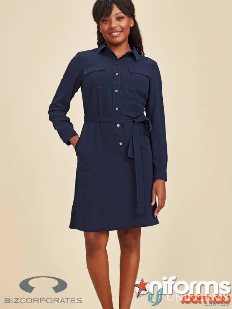 Navy blue Chloe Georgette Shirt Dress with belt, perfect for casual style