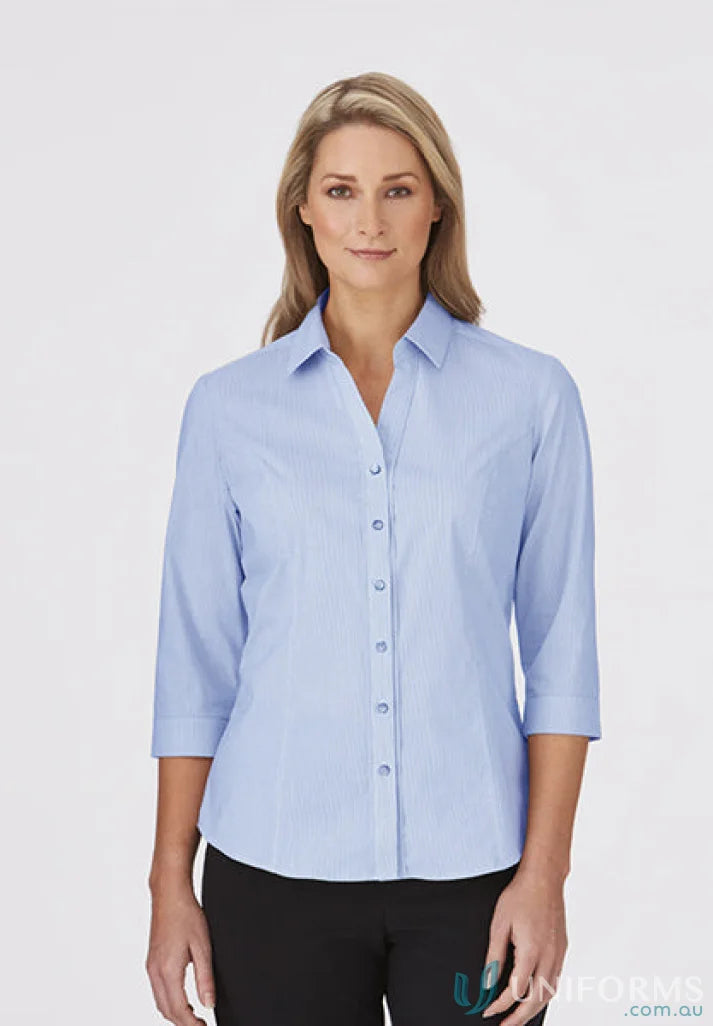 Light blue striped women’s 3qtr pinfeather shirt from City Stretch Ladies collection