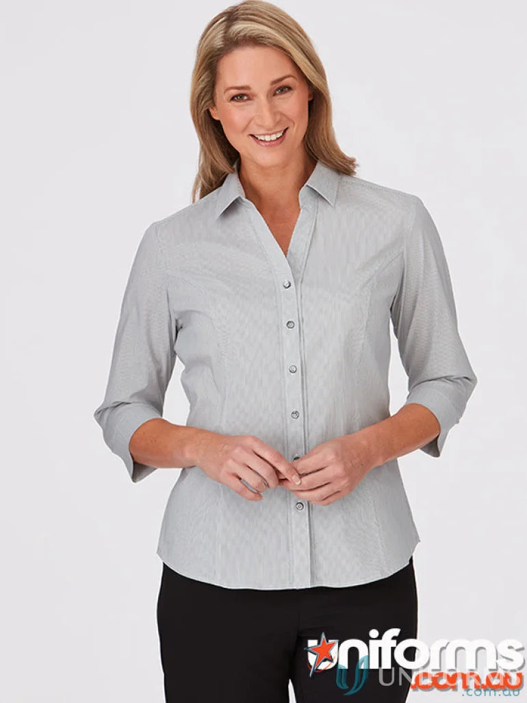 City Stretch Ladies women’s 3Qtr Pinfeather light grey pinstriped shirt