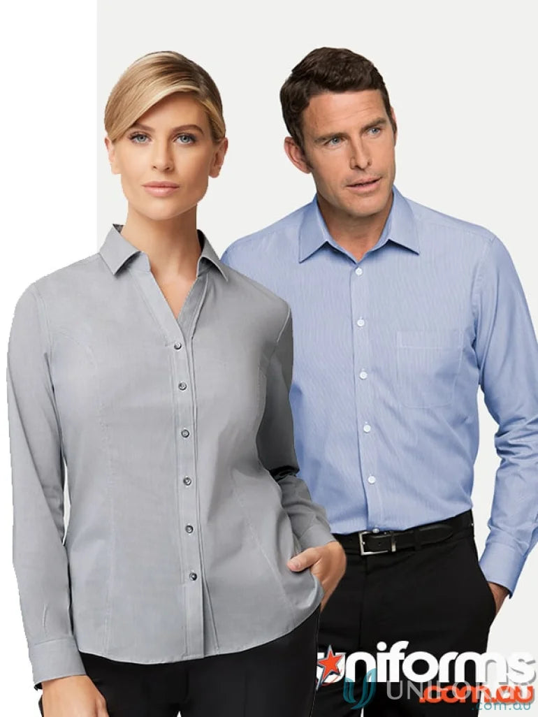 Professionally dressed man and woman in City Stretch LS Pinfeather uniforms