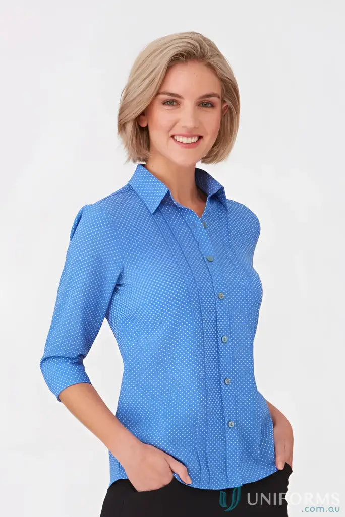 Woman wearing City Stretch Spot 3qtr Shirt, easy care blue polka dot uniform