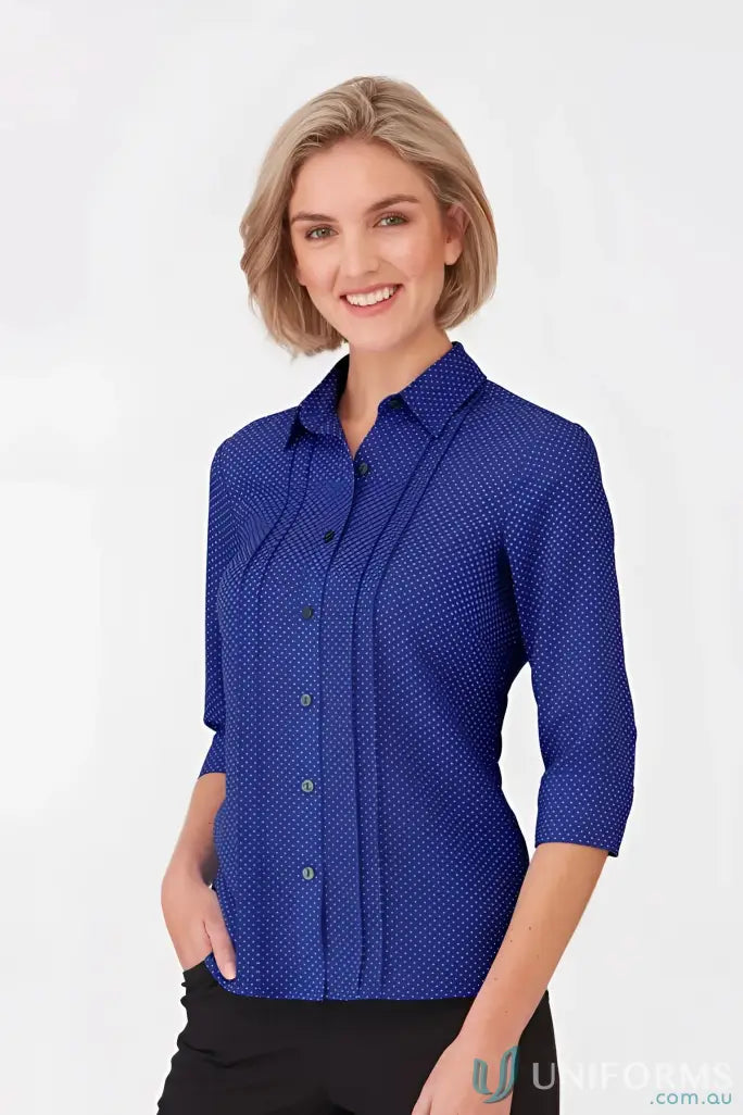 Royal blue polka dot City Stretch Spot 3qtr Shirt with natural stretch and easy care