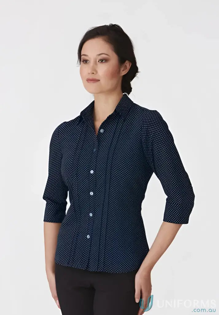 Dark blue City Stretch Spot 3Qtr Shirt with polka dots, easy care, natural stretch