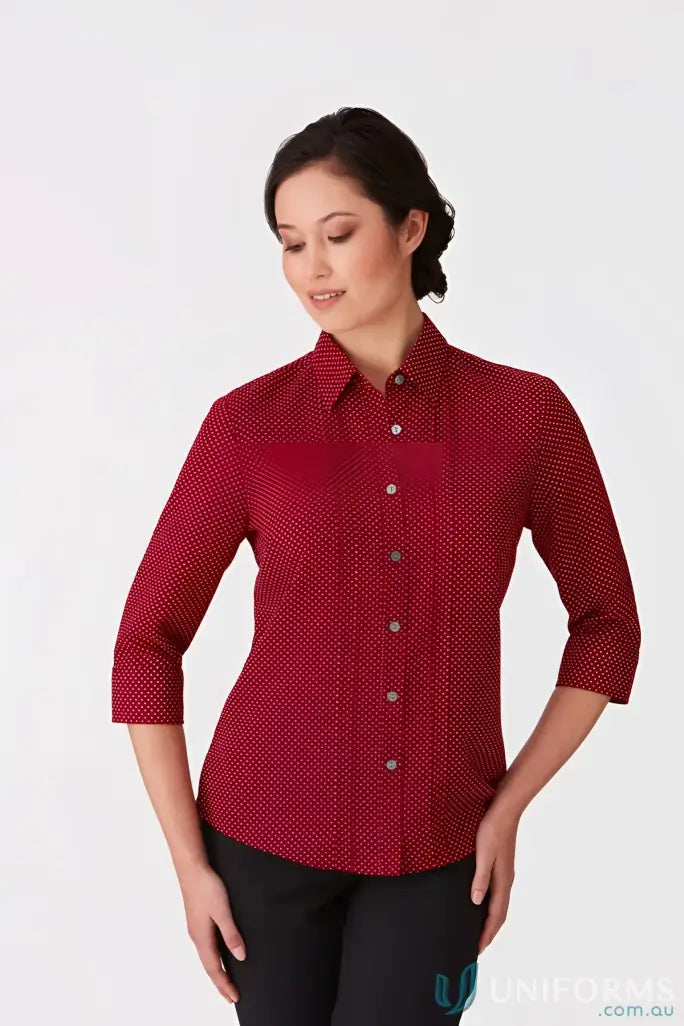 Red City Stretch Spot 3qtr Shirt with white polka dots, easy care, natural stretch