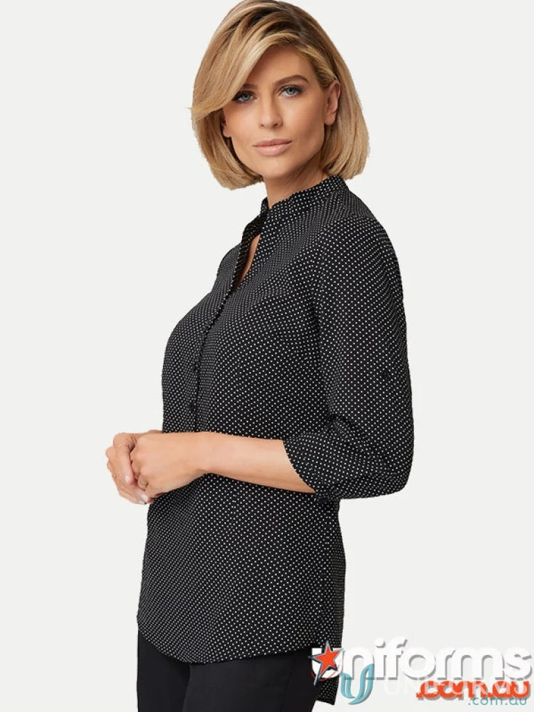 Black and white polka dot blouse with roll-up feature and nehru collar for uniforms