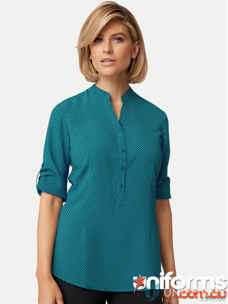 Teal patterned blouse with nehru collar and roll-up feature, perfect for uniforms