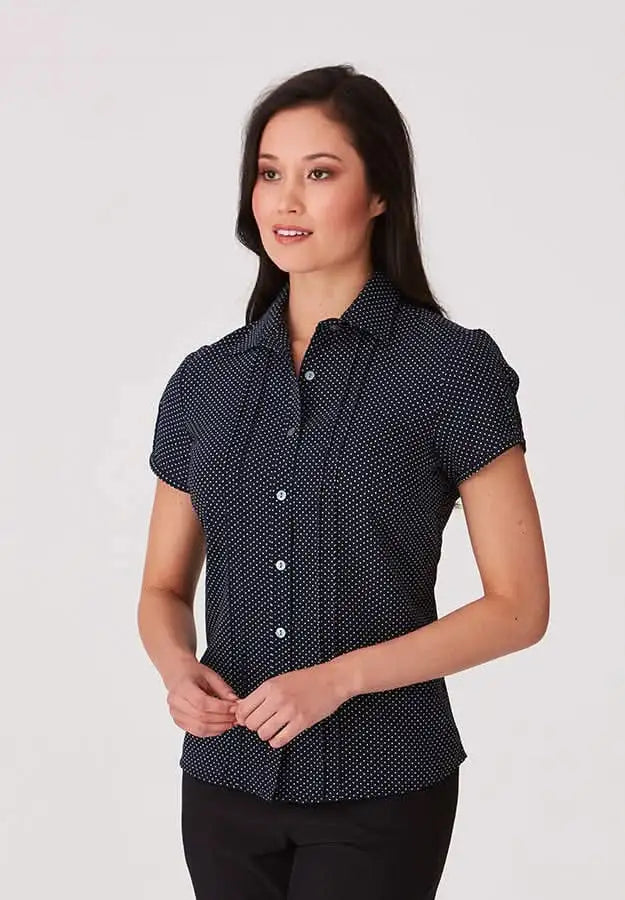 Dark blue City Stretch Spot Ladies SS Shirt with easy care, natural stretch, and cap sleeve