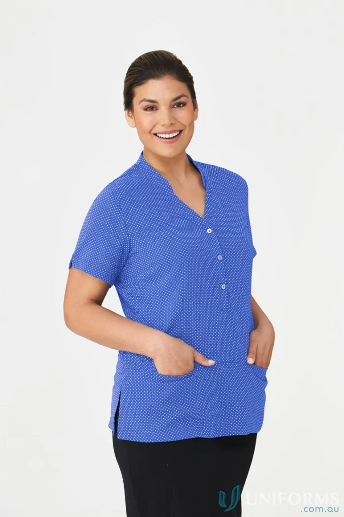 Smiling woman in City Collection City Stretch Spot Tunic, perfect workwear uniforms