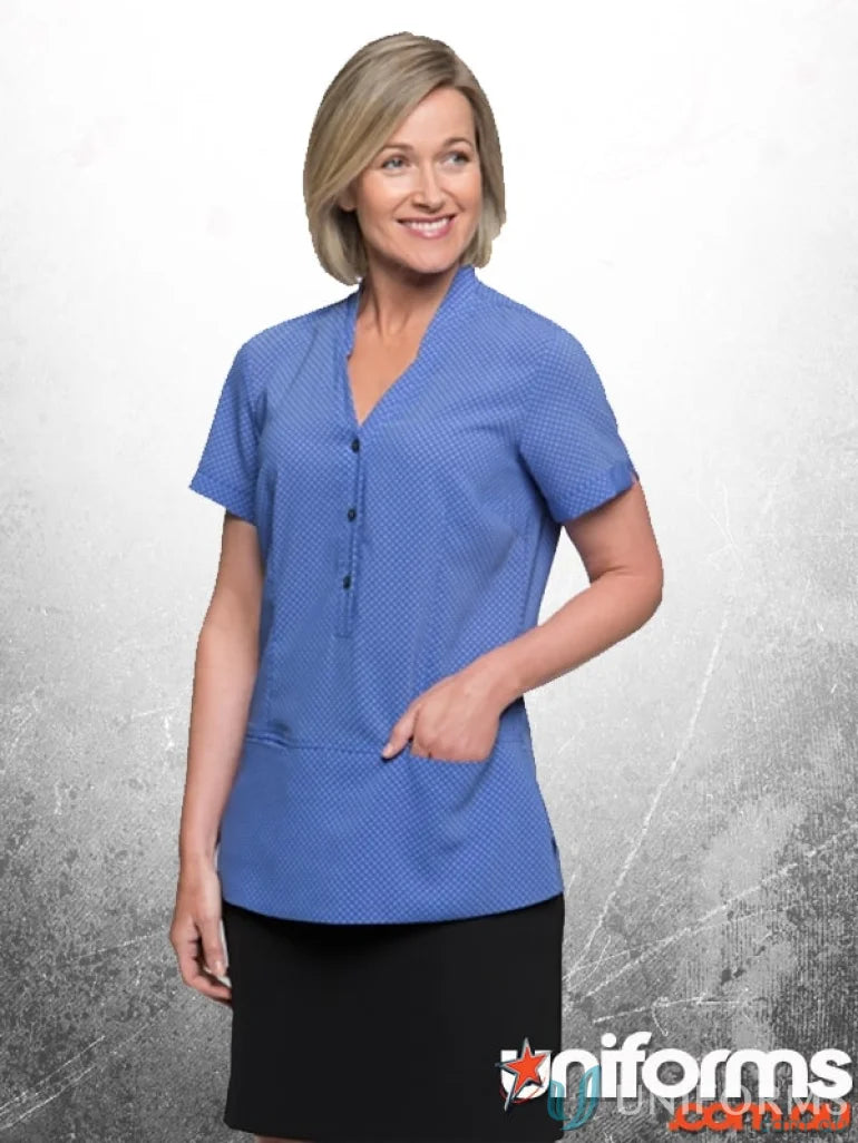 Blue patterned City Collection tunic with short sleeves, perfect for workwear or uniforms