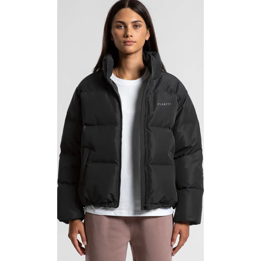 Black Claire Puffer Jacket with hood, zipper, Planett brand