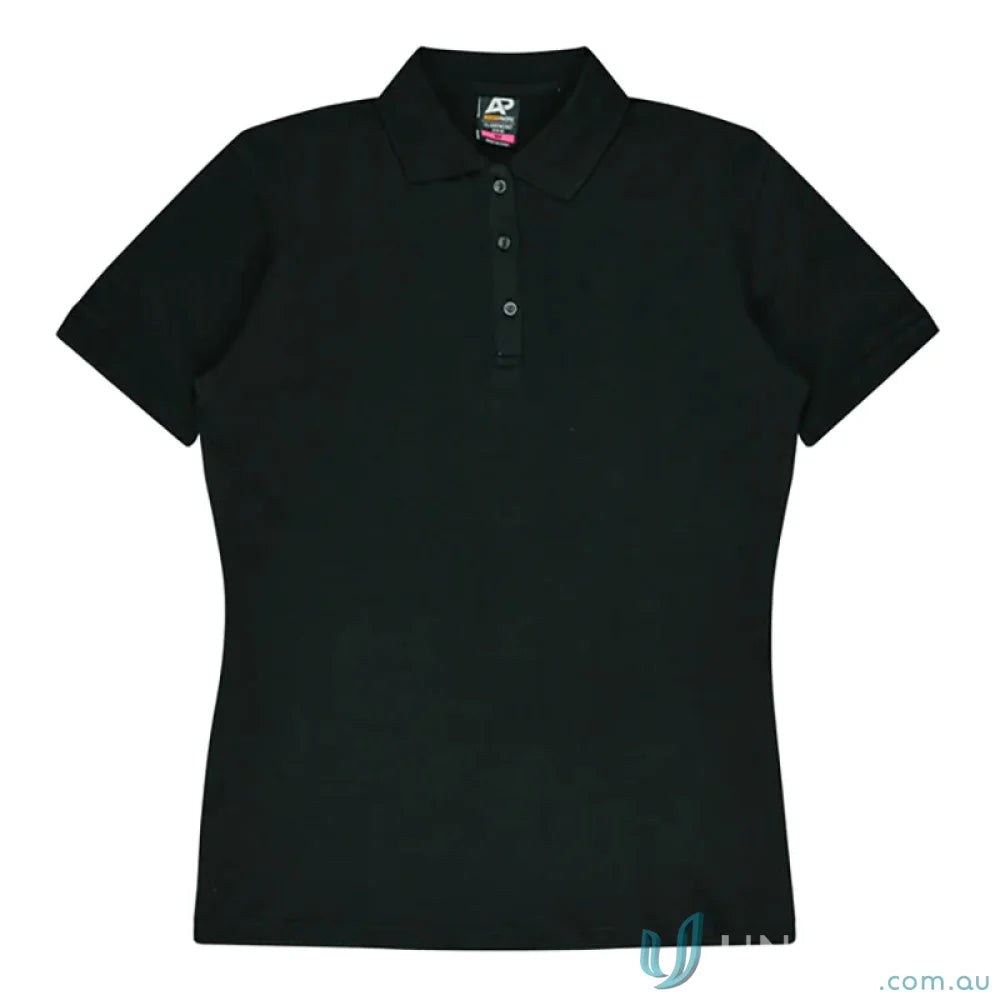 Claremont Lady Polo black short-sleeved workwear with knitted collar and three-button placket
