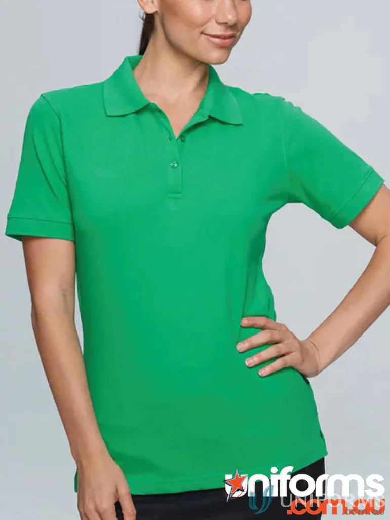 Woman modeling Claremont Lady Polo with knitted collar, perfect for uniforms and workwear