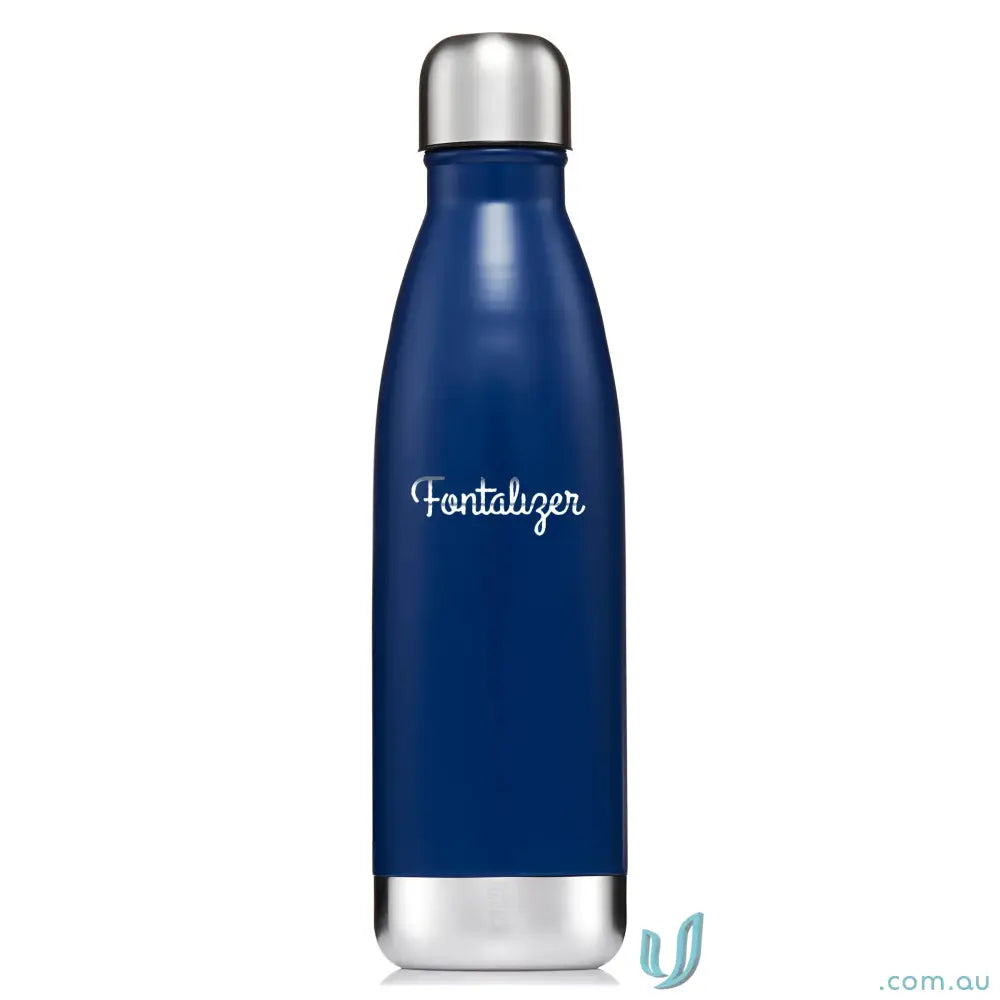 Blue metal water bottle made of double-walled stainless steel for hot and cold drinks