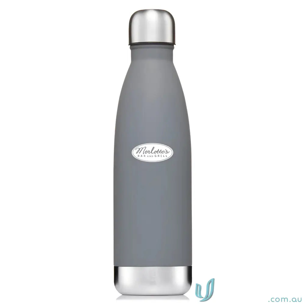 Gray metal water bottle made from double-walled stainless steel for insulations