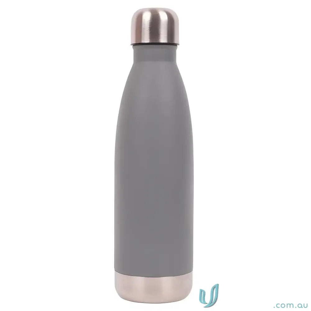 Gray insulated water bottle made of double-walled stainless steel for cold and hot drinks