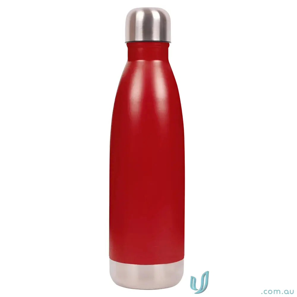 Red metal water bottle made of double-walled stainless steel for hot and cold drinks