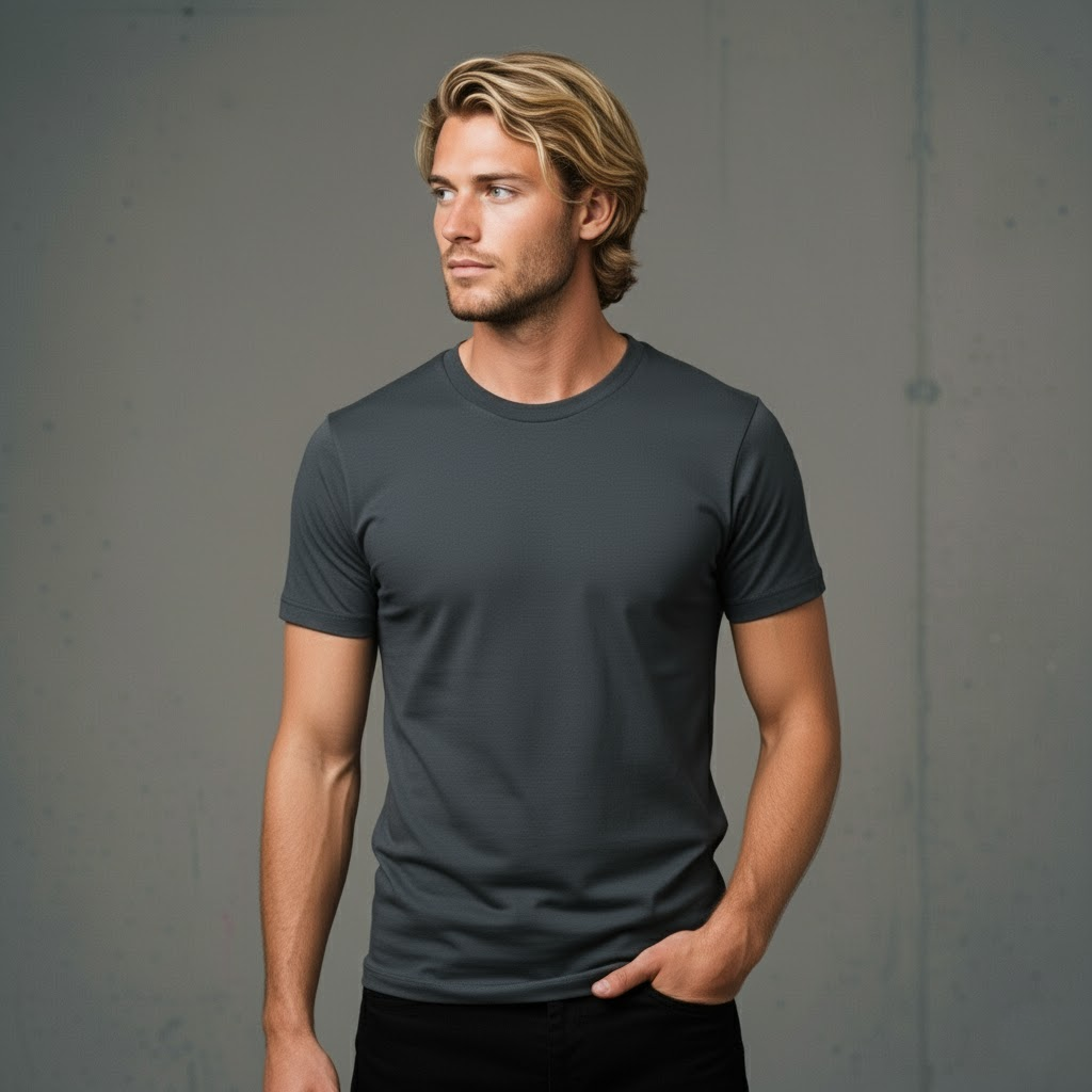 Planett classic tee: charcoal gray crew neck in soft cotton with black trim