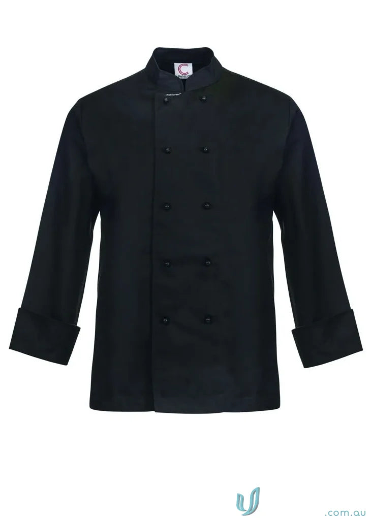 Black chef’s jacket from Classic LS Chef Jacket with professional style and matching stud buttons