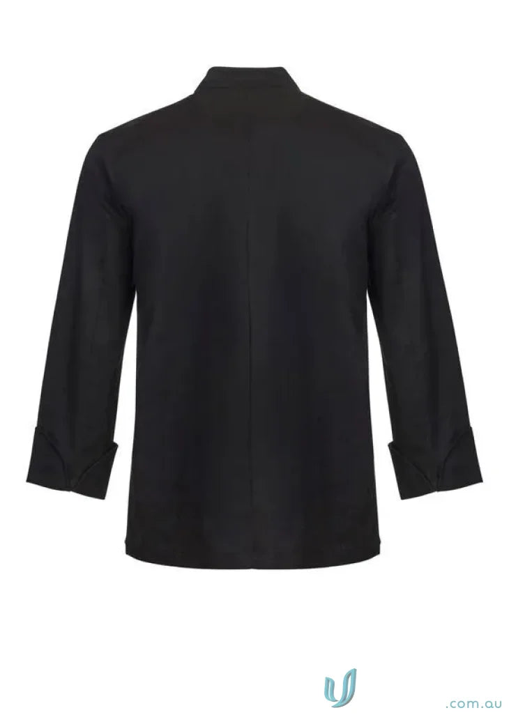 Black long-sleeved chef jacket with matching stud buttons from Classic LS Chef Jacket offers professional style