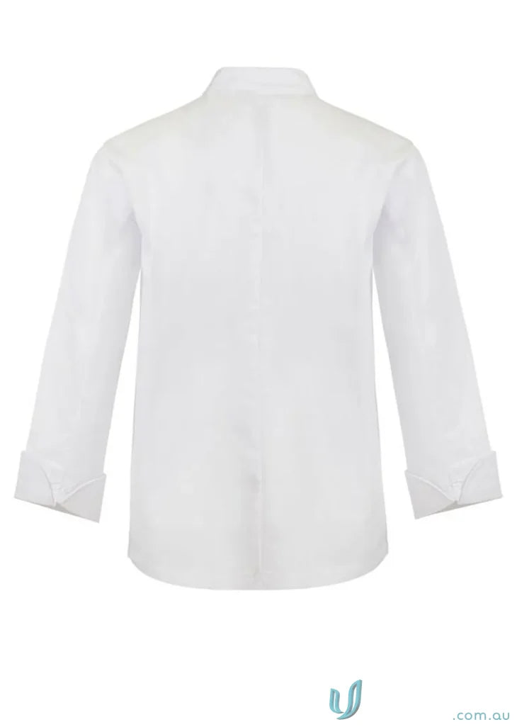 White long-sleeved chef jacket with matching stud buttons for professional style offers