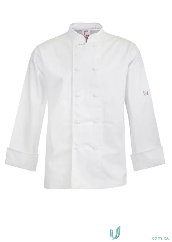 White chef’s jacket from Classic LS Chef Jacket with professional style and matching stud buttons