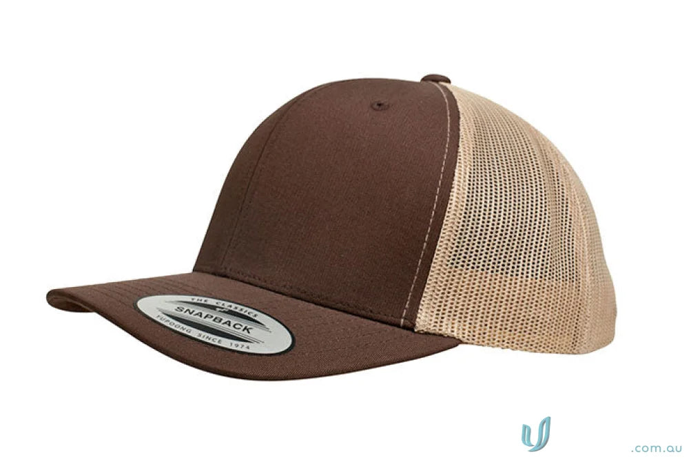 Brown and tan trucker hat from Classic Retro Wade Trucker Cap perfect for uniforms or workwear