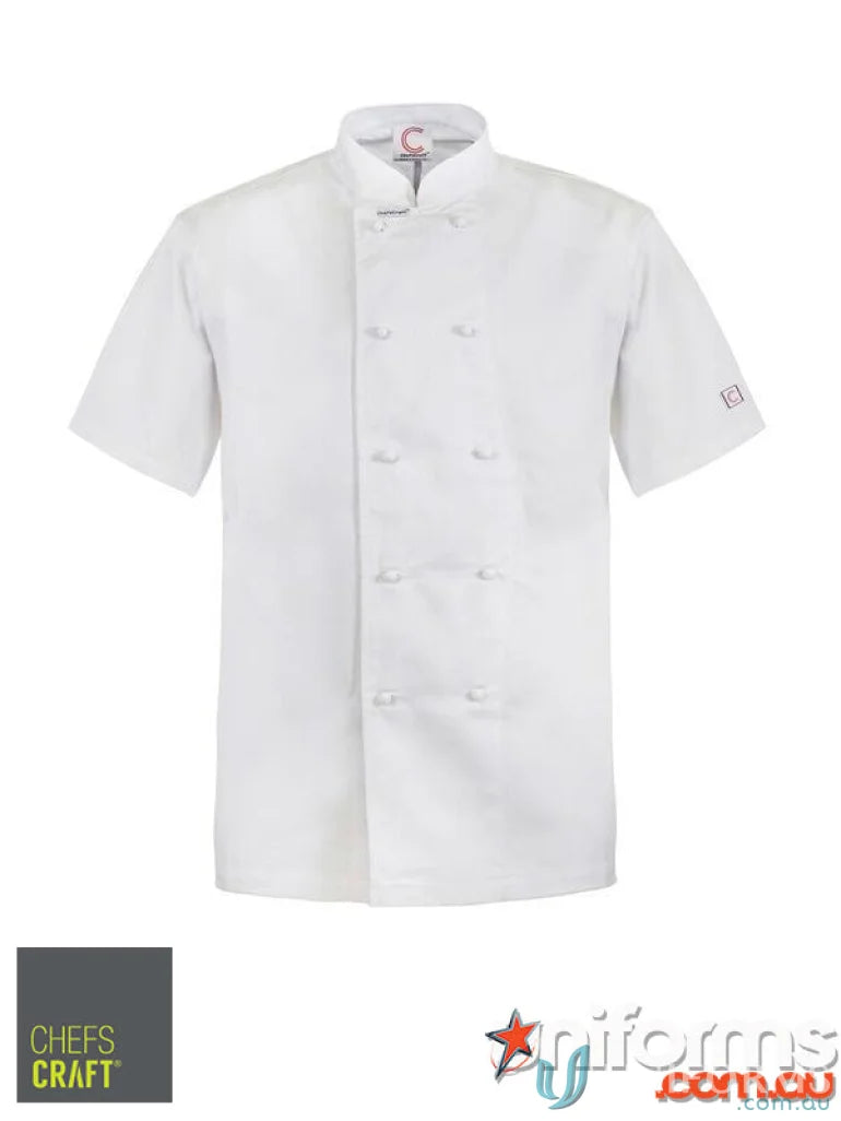 White short-sleeved Chef’s Jacket with stud buttons for a professional look and stay cool comfort